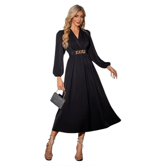 chinese dress ladies Black Satin Long Sleeve Midi Dress main image 0